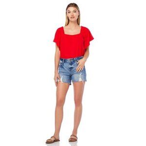 Lucy Paris‎ Keely Ruffle Top in Red L Large Square Neck Tie Back Crop Length